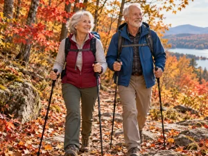 Senior hikers enjoying fall trails safely with trekking poles in Bucks County