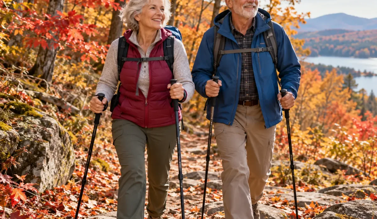 Senior hikers enjoying fall trails safely with trekking poles in Bucks County
