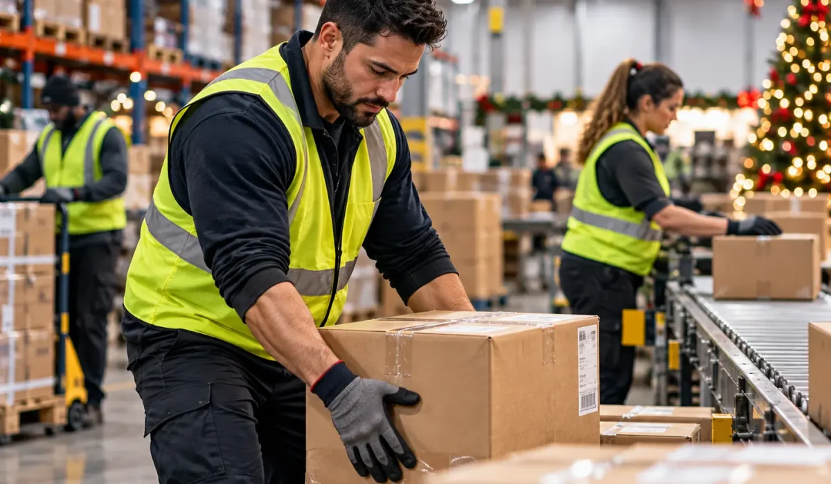 Warehouse workers lifting boxes during holiday rush needs injury prevention in Philadelphia